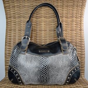 Sharif Snakeskin Leather Expandable Shoulder Bag Stud Buckle Detail Black White